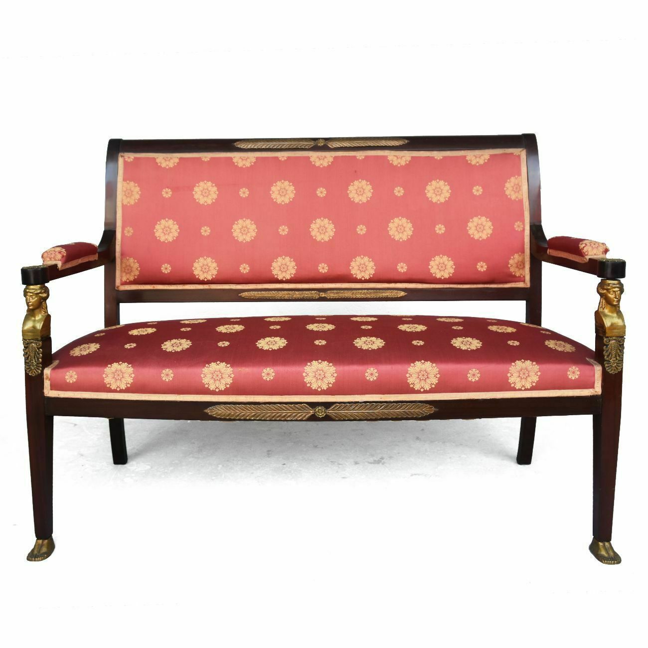 Empire Style Mahogany And Gilded Bronze Living Room Upholstered In 19th Century Silk photo for sale