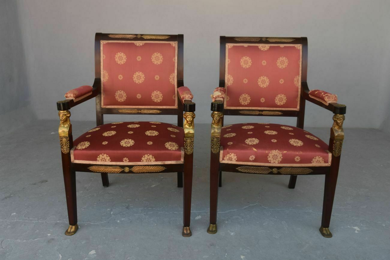 Empire Style Mahogany And Gilded Bronze Living Room Upholstered In 19th Century Silk photo 4212.0