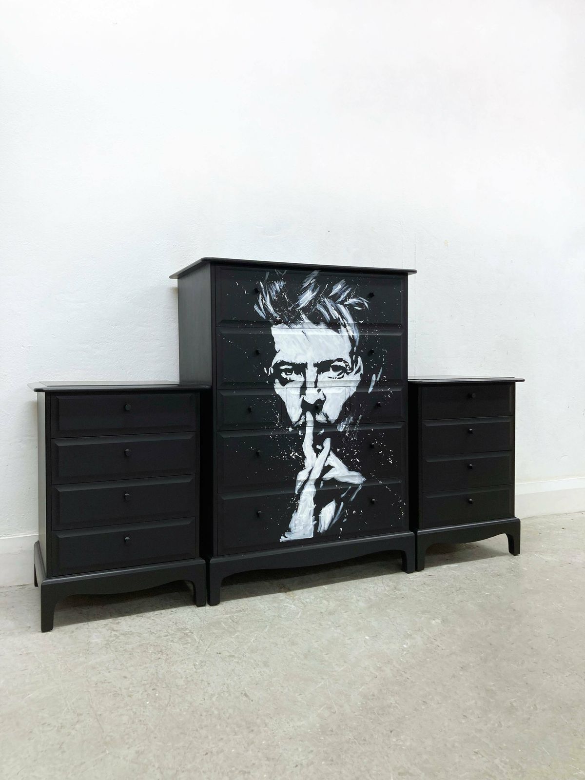 Stag Minstrel Tallboy & Bedsides. Black Stag Furniture Set. Hand Painted David Bowie. Bedroom Furniture. Chest Of Drawers, Bedside Tables. photo Furniture