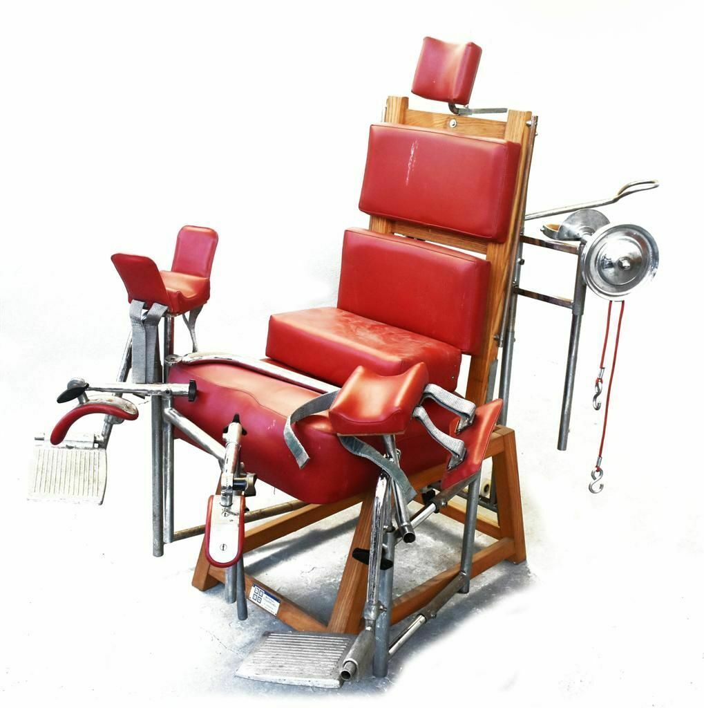 Childbirth Chair Covered In Red Skai In Metal And Oak photo furniture