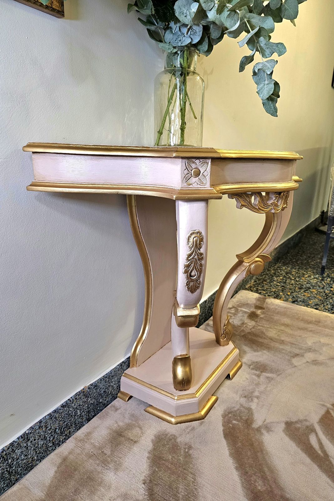 French Style Reproduction Side Table, Pink With Gold Guilding And Highlights photo for sale