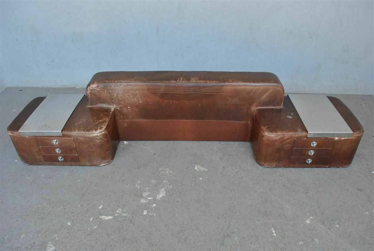 Leather Headboard With Integrated Nightstands 1970s photo for sale