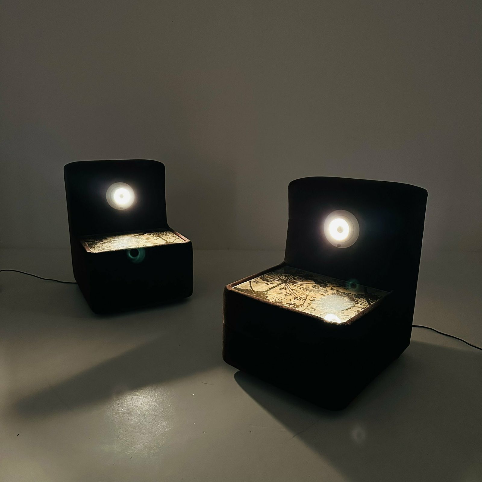 Pair Of Spaceage Nightstands In Brown Velor With Spot Lights 1970s France photo vintage