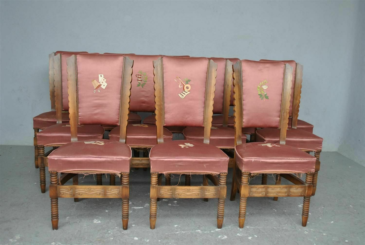 1940 Embroidered Pink Silk Chairs (Set Of 12) photo for sale