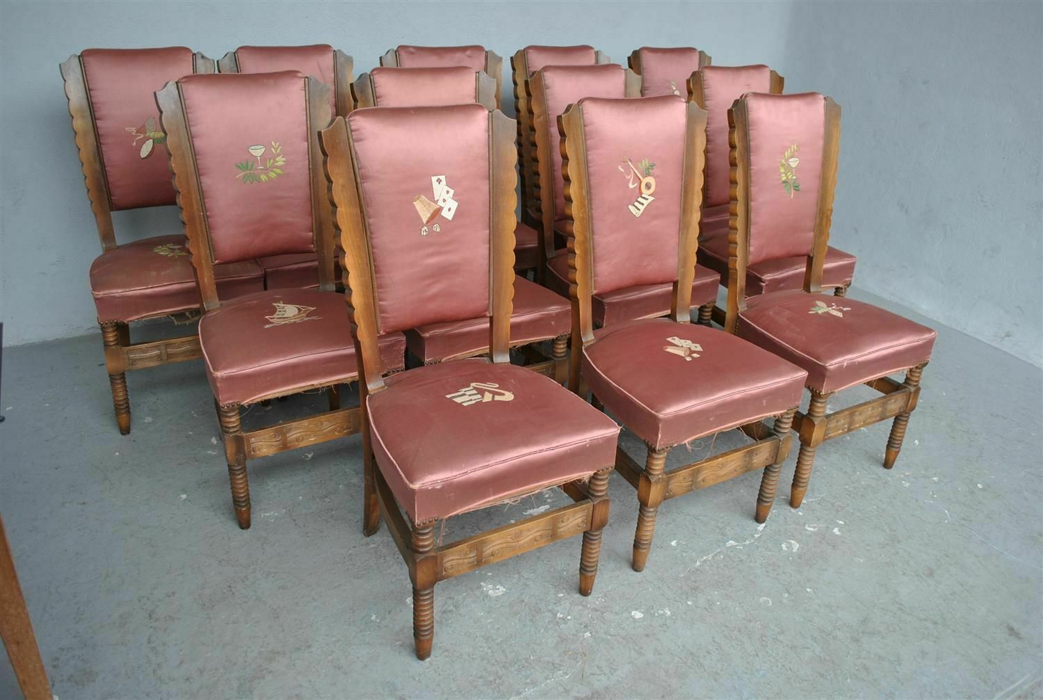1940 Embroidered Pink Silk Chairs (Set Of 12) photo Furniture