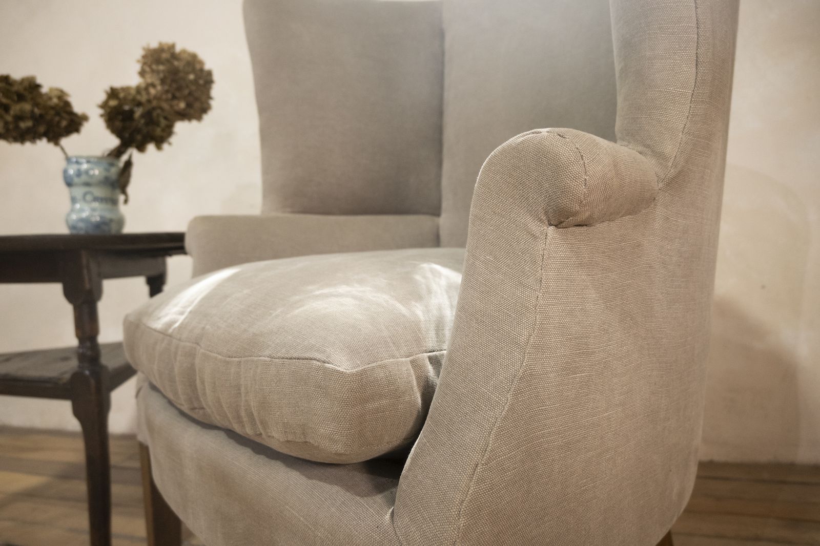 A George III Barrel Back Armchair Upholstered Grey Linen photo Furniture