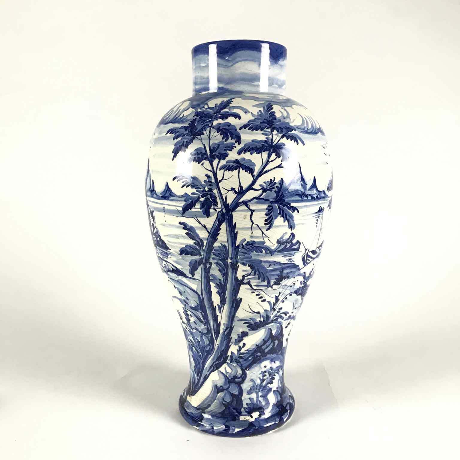 White Blue Ceramic Vase Taccini Family Vinci 1976 photo for sale