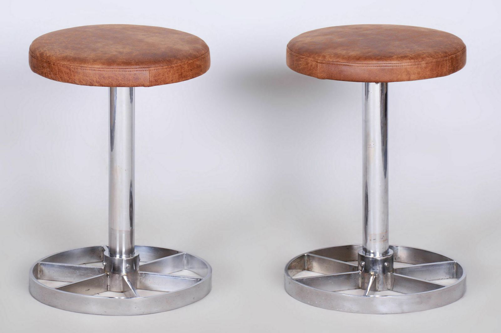 Pair Of Bauhaus Chrome Plated Steel Stools, Brown Leather, Czech, 1930 1939