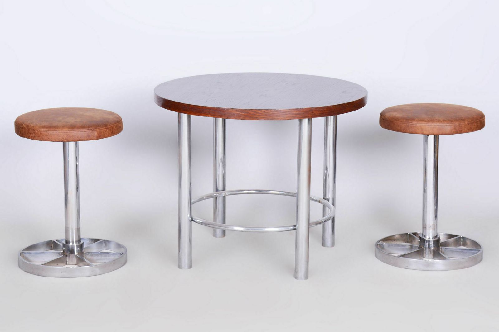 Pair Of Bauhaus Chrome Plated Steel Stools, Brown Leather, Czech, 1930 1939 photo for sale