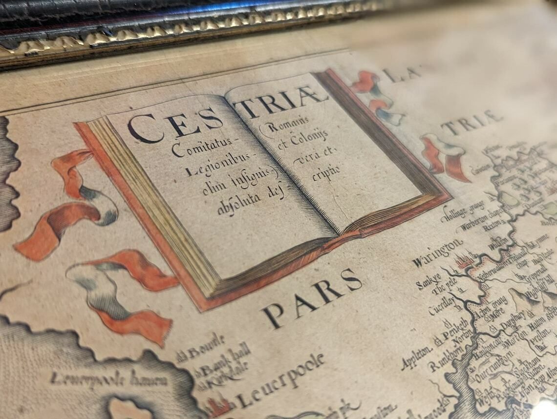 Original Engraving Of Holes Interpretation Of Saxton's Map Of Cheshire C.1650 photo for sale