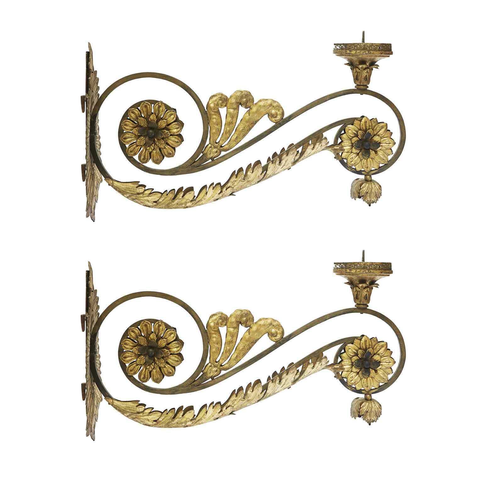 Pair Of Large Golden Appliques With Flowers And Swirls 1700 Arms For Votive Lamps photo 6212.0