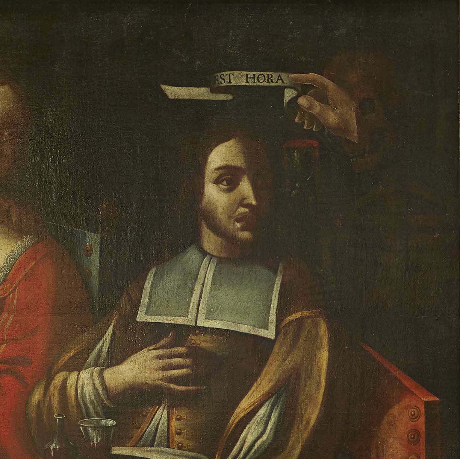 Ancient Painting From 1600 Banquet With Memento Mori Figures By Giovanni Martinelli photo for sale