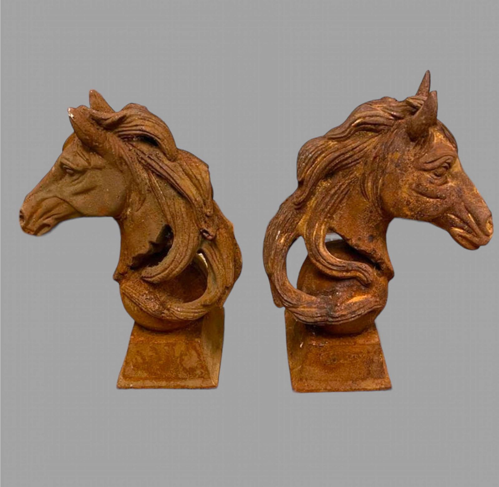 Near Pair Of Horse Head Busts, In Cast Iron