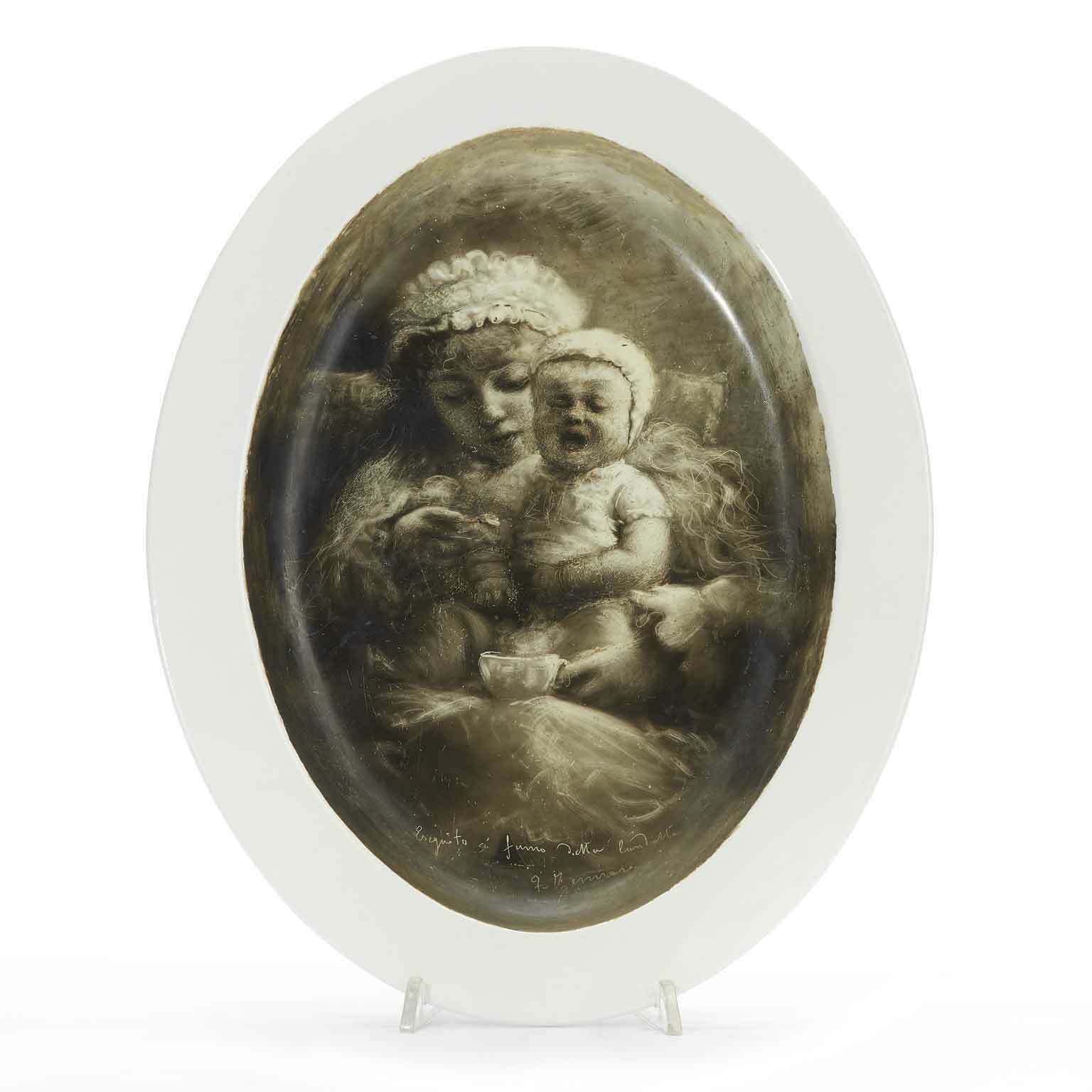 Felice Zennaro Maternity Early 1900s Painted In Carbon Black On Ceramics