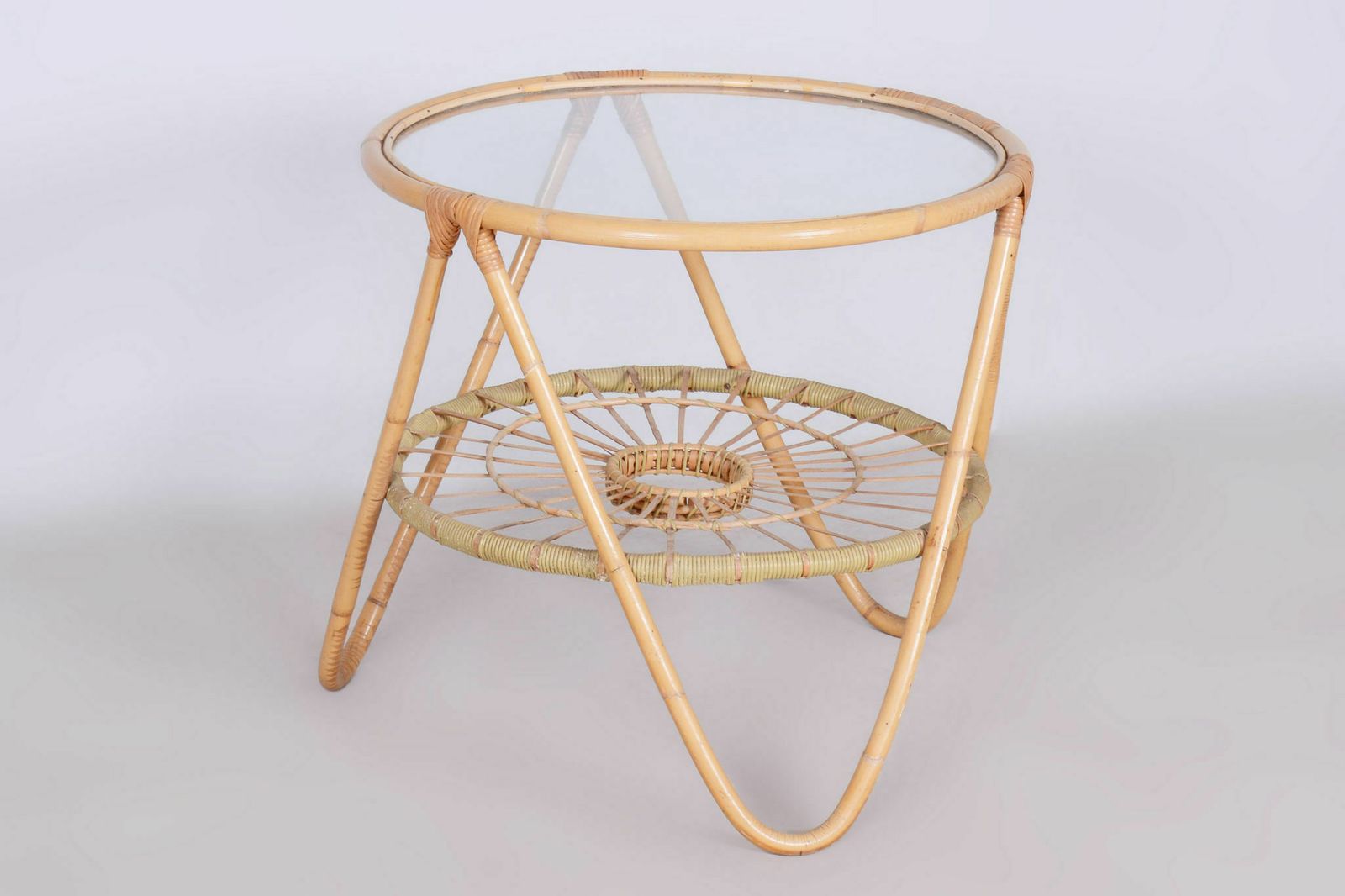 Original Midcentury Small Table, Alan Fuchs, Uluv   Center For Folk Art Production, Rattan, Glass, Czechia, 1940s photo 400.0
