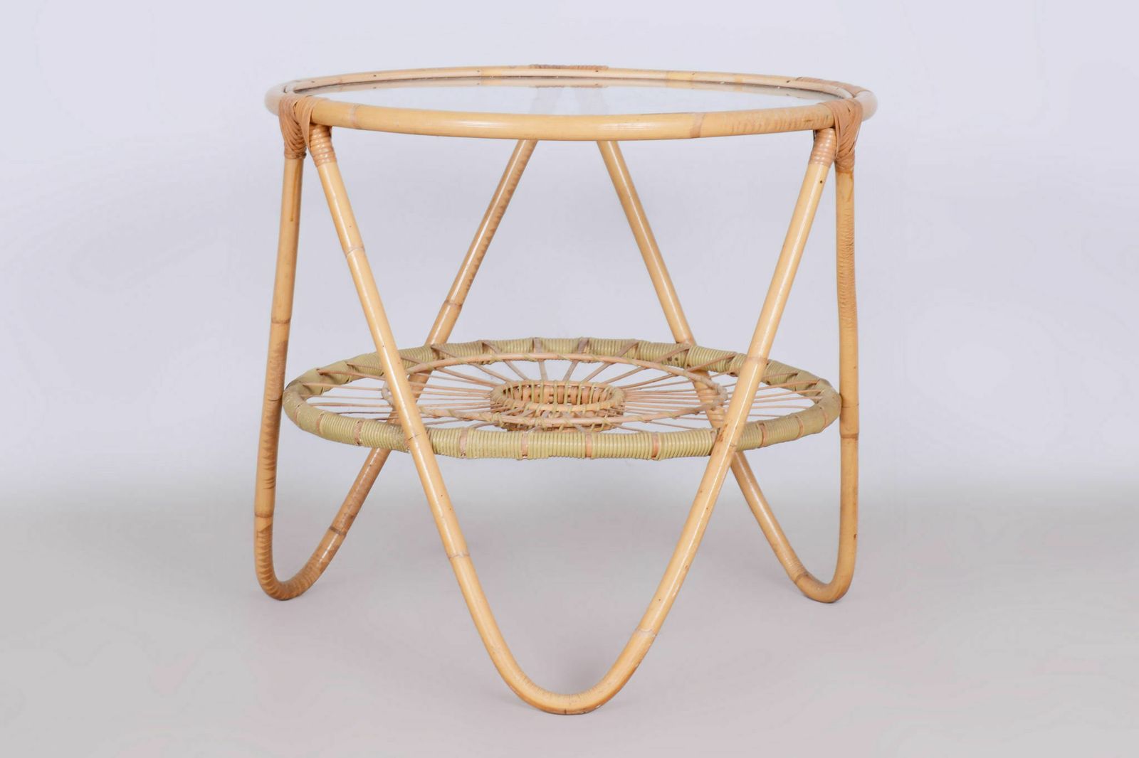Original Midcentury Small Table, Alan Fuchs, Uluv   Center For Folk Art Production, Rattan, Glass, Czechia, 1940s