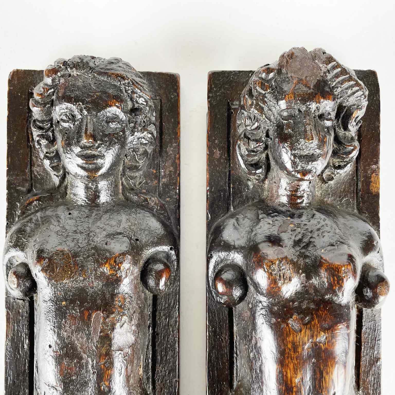 Pair Of Caryatids With Dark Patina 1600 photo for sale