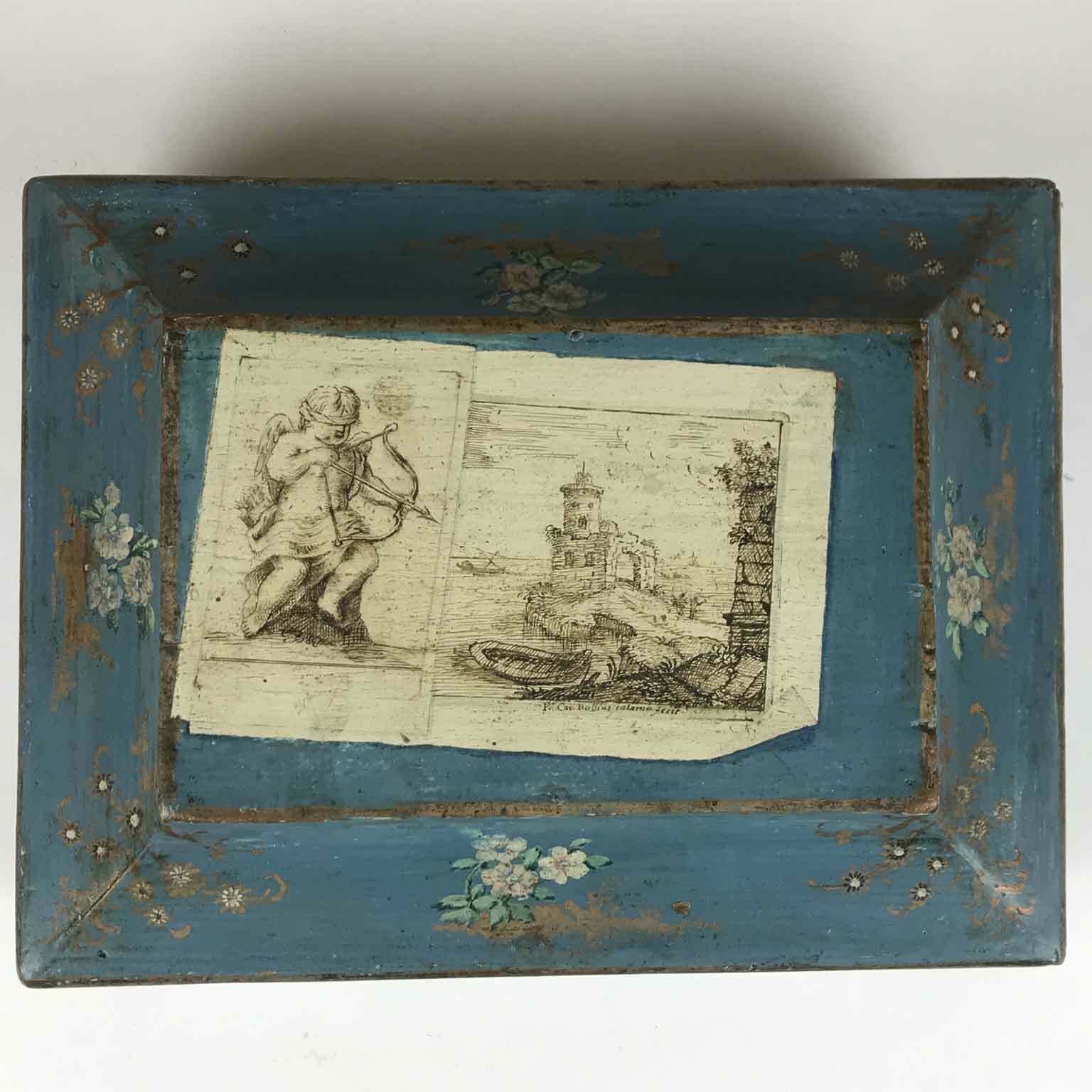 Lacquered Box With Fake Paper And Little Flowers, Late 1700s photo vintage