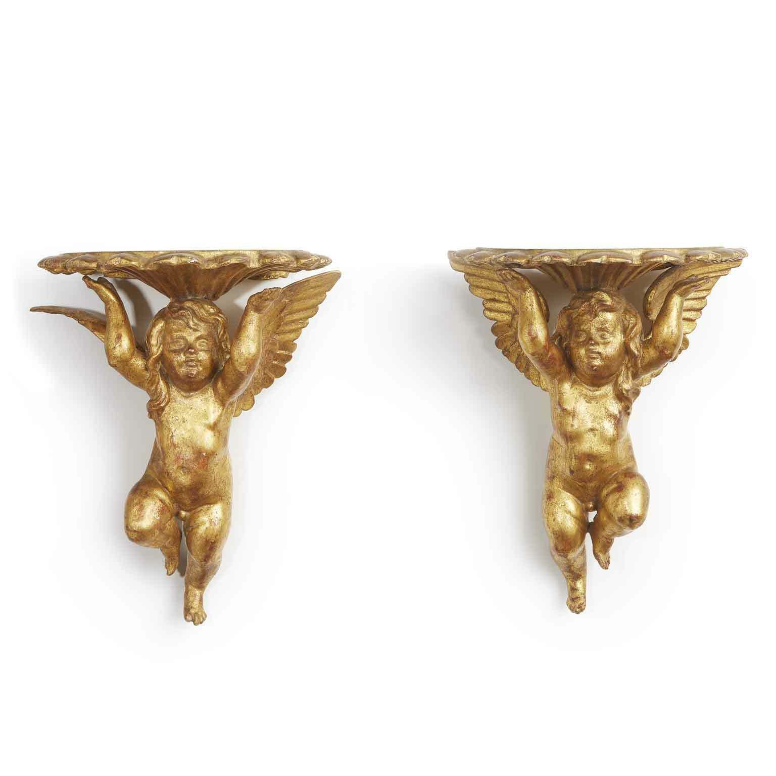 Pair Of Golden Shelves With Putti From The 1800s