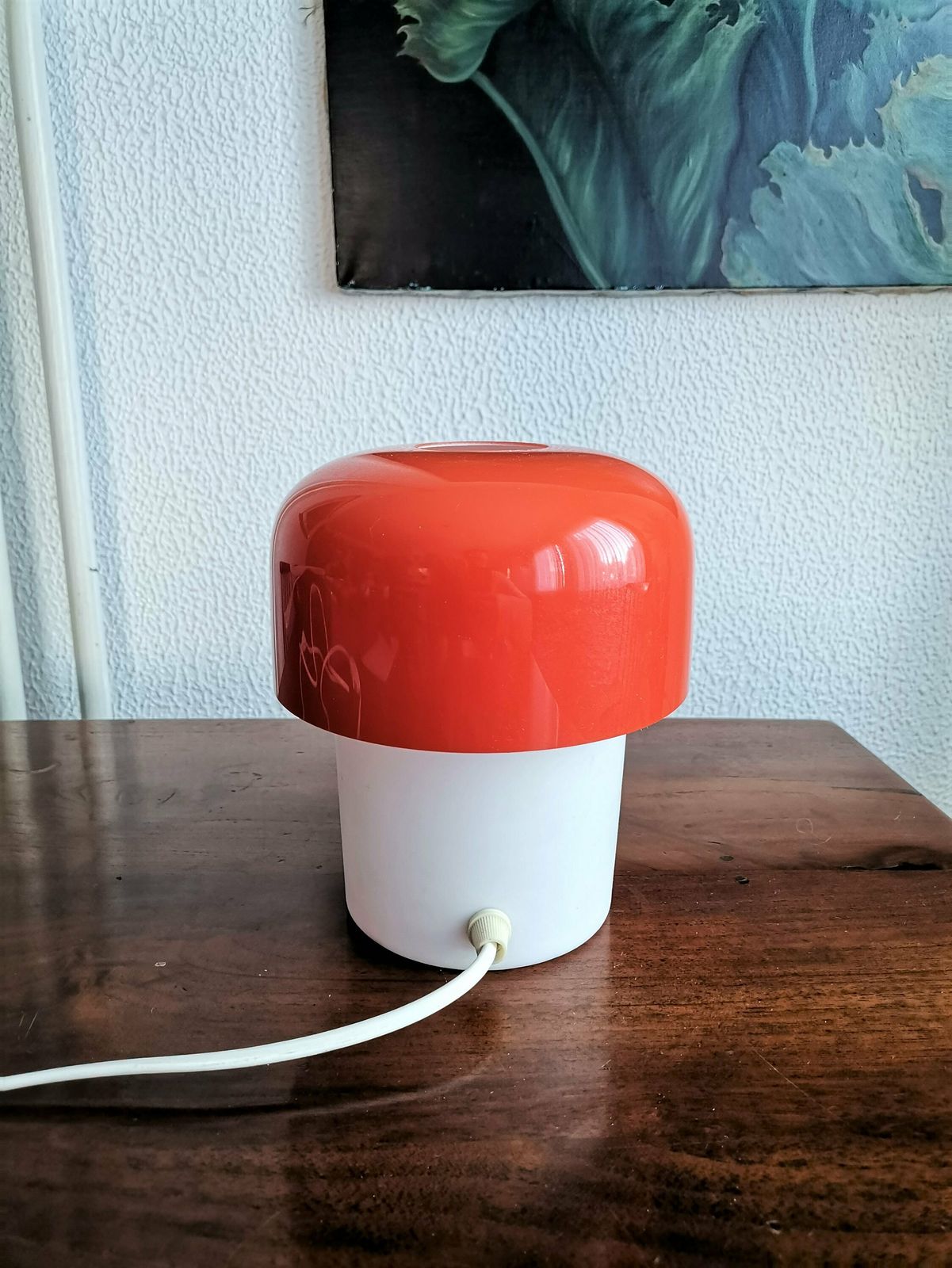Mid Century Orange Red Mushroom Table Lamp Designed By Harvey Guzzini Made By Meblo Yugoslavia Bedside Light Midcentury Modern photo 207.0