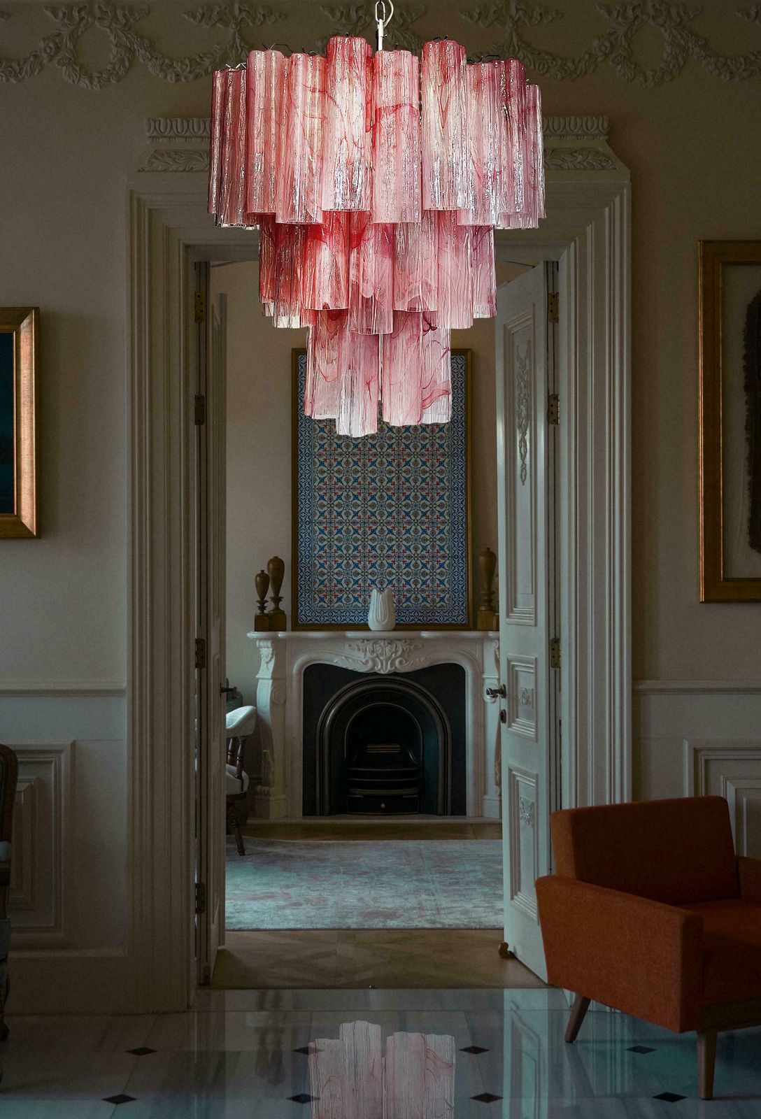 Elegant Large Three Tier Murano Glass Tube Chandelier   Pink Alabaster photo for sale