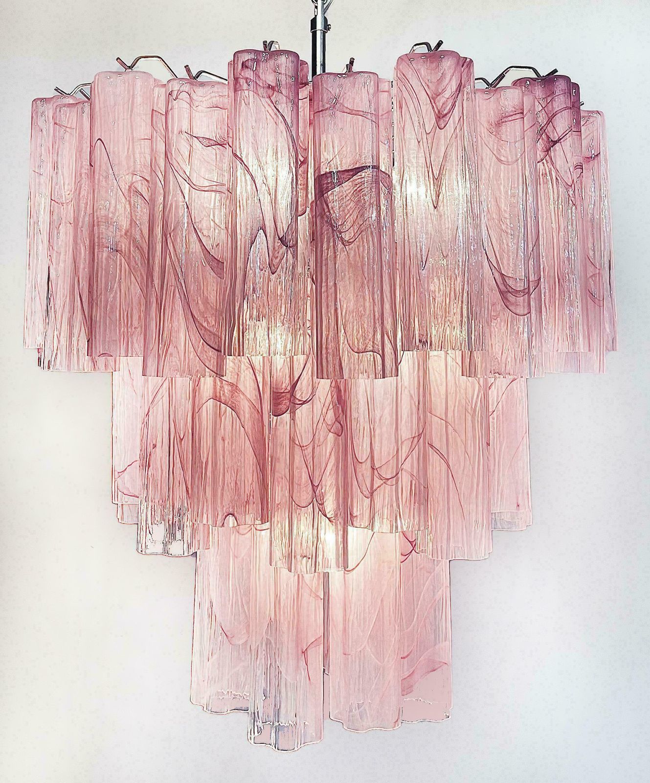 photo for sale Elegant Large Three Tier Murano Glass Tube Chandelier   Pink Alabaster