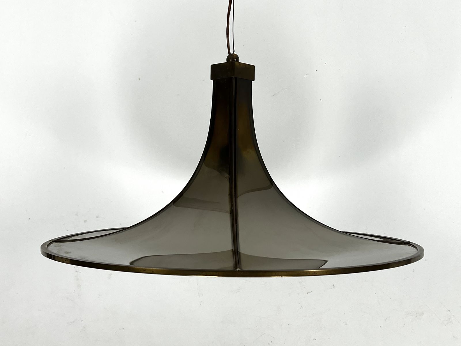 Mid Century Large Brass And Curved Glass Esperia Chandelier Model Pagoda. 1960s photo furniture