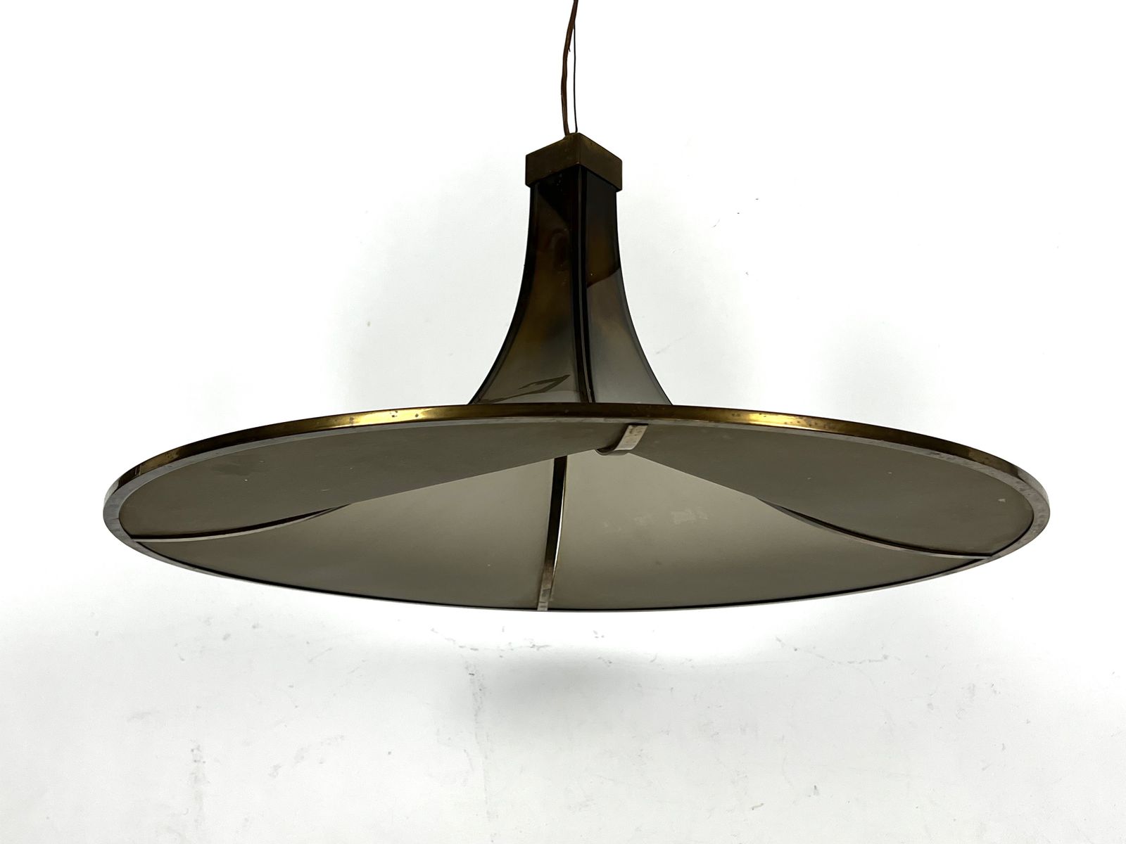 Mid Century Large Brass And Curved Glass Esperia Chandelier Model Pagoda. 1960s photo for sale
