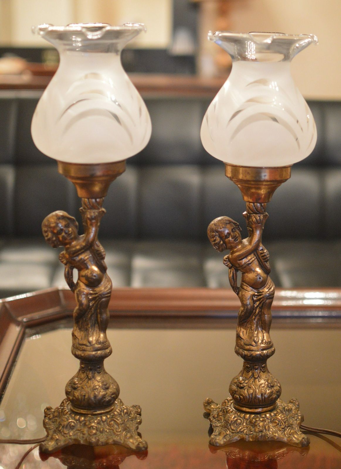 Par Of Vintage Mid Century Art Nouveau Table Lamp. Heavy photo for sale