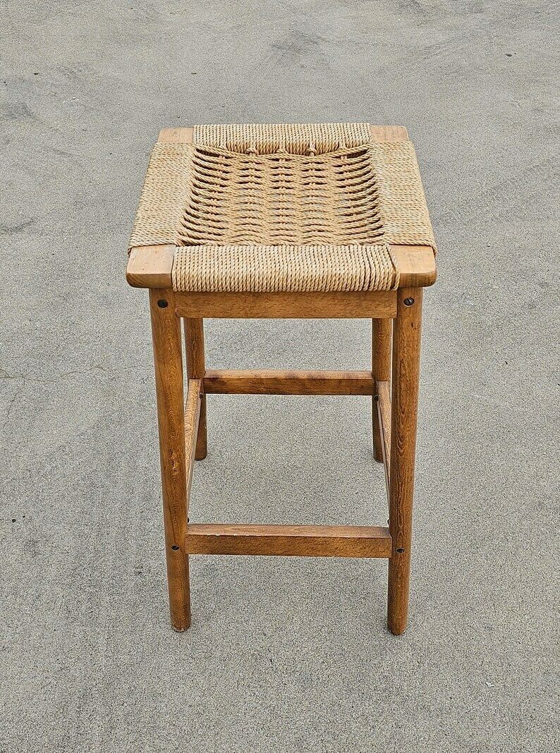 Pair Of Mid Century Modern Bar Stools Done In Wood With Danish Paper Cord Seats In Manner Of Hans J. Wegner // Made In Yugoslavia In 1960s photo Furniture