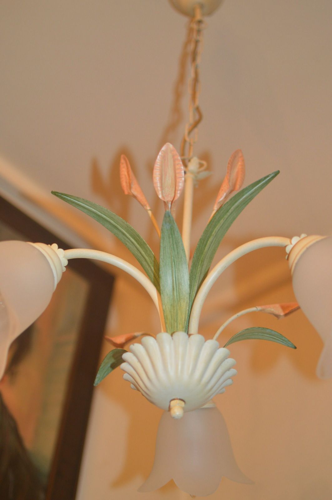 Antique Vintage French Painted Tole Ware Chandelier With Flowers And Leaves 3 Branch photo Lighting