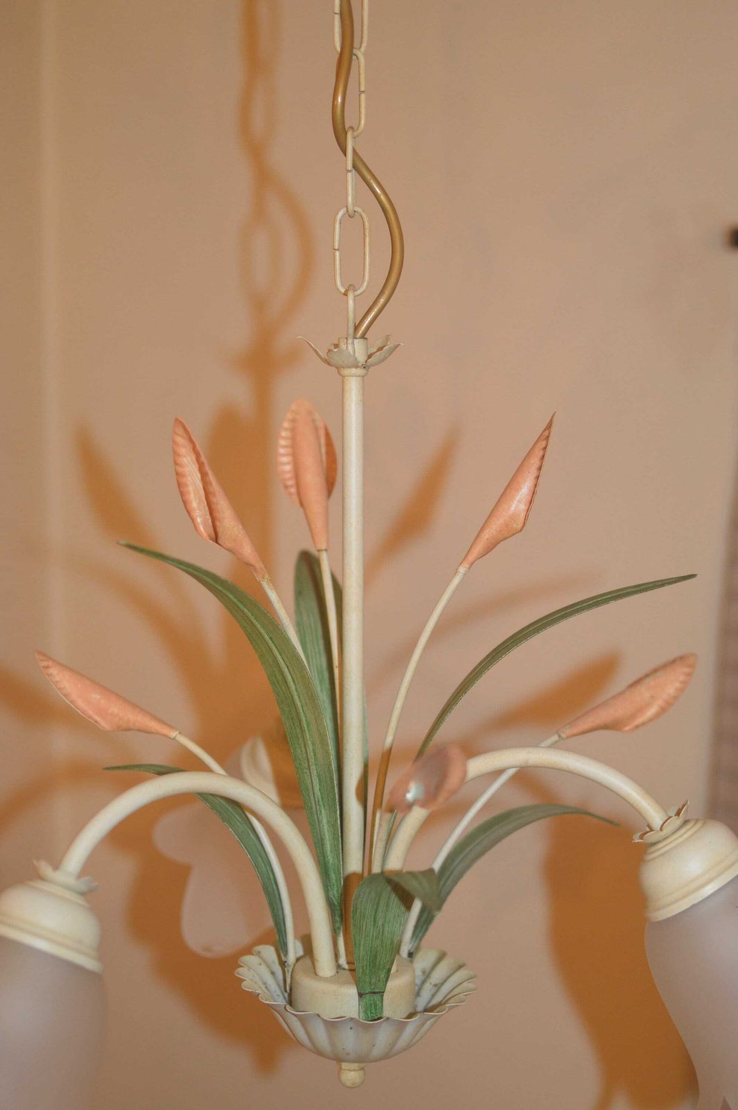 Antique Vintage French Painted Tole Ware Chandelier With Flowers And Leaves 3 Branch photo vinterior