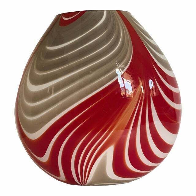 Contemporary Abstarct Vase In Milky White Murano Style Glass With Red And Beige Reeds photo for sale