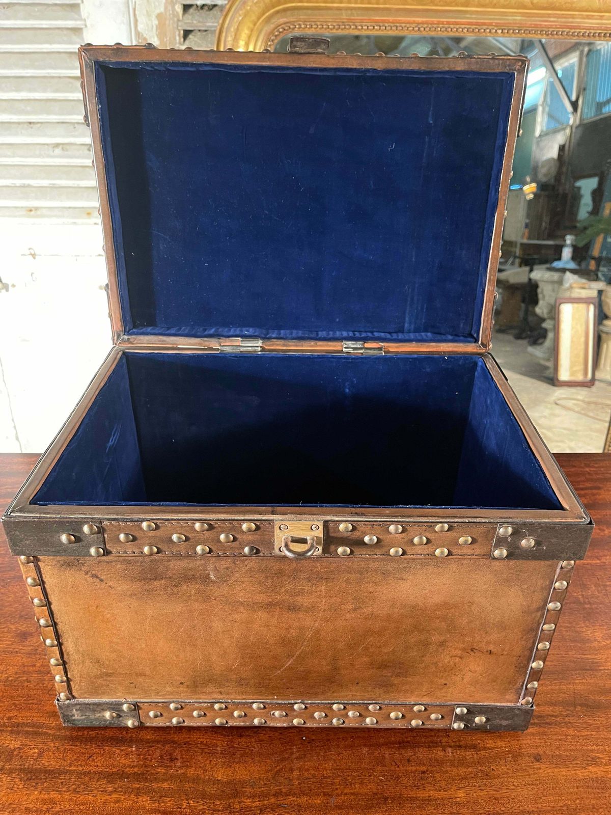 Antique Studded Leather Bound Antique Strong Box Chest Trunk Coffee Table photo vinterior