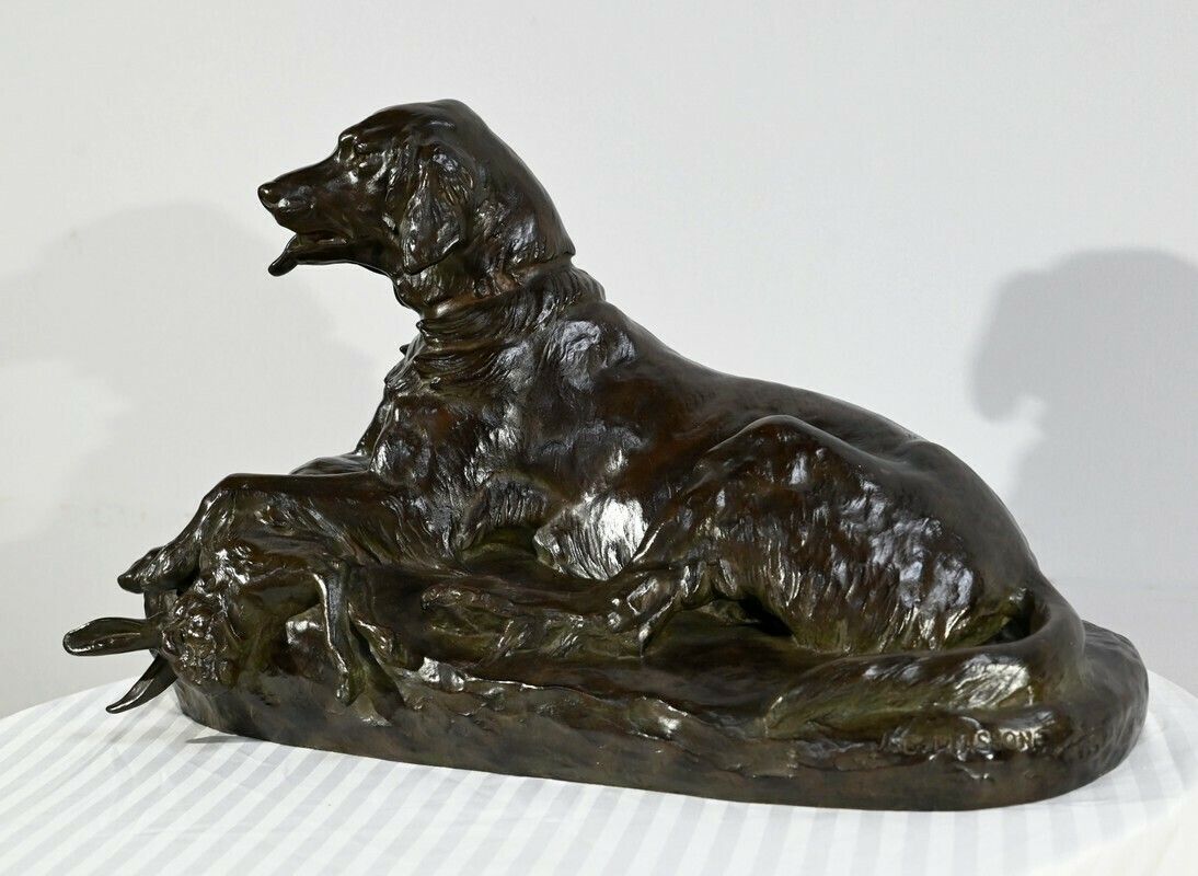 Bronze “The Dog With The Hare”, Signed Je. Masson – Early 20th Century photo Art