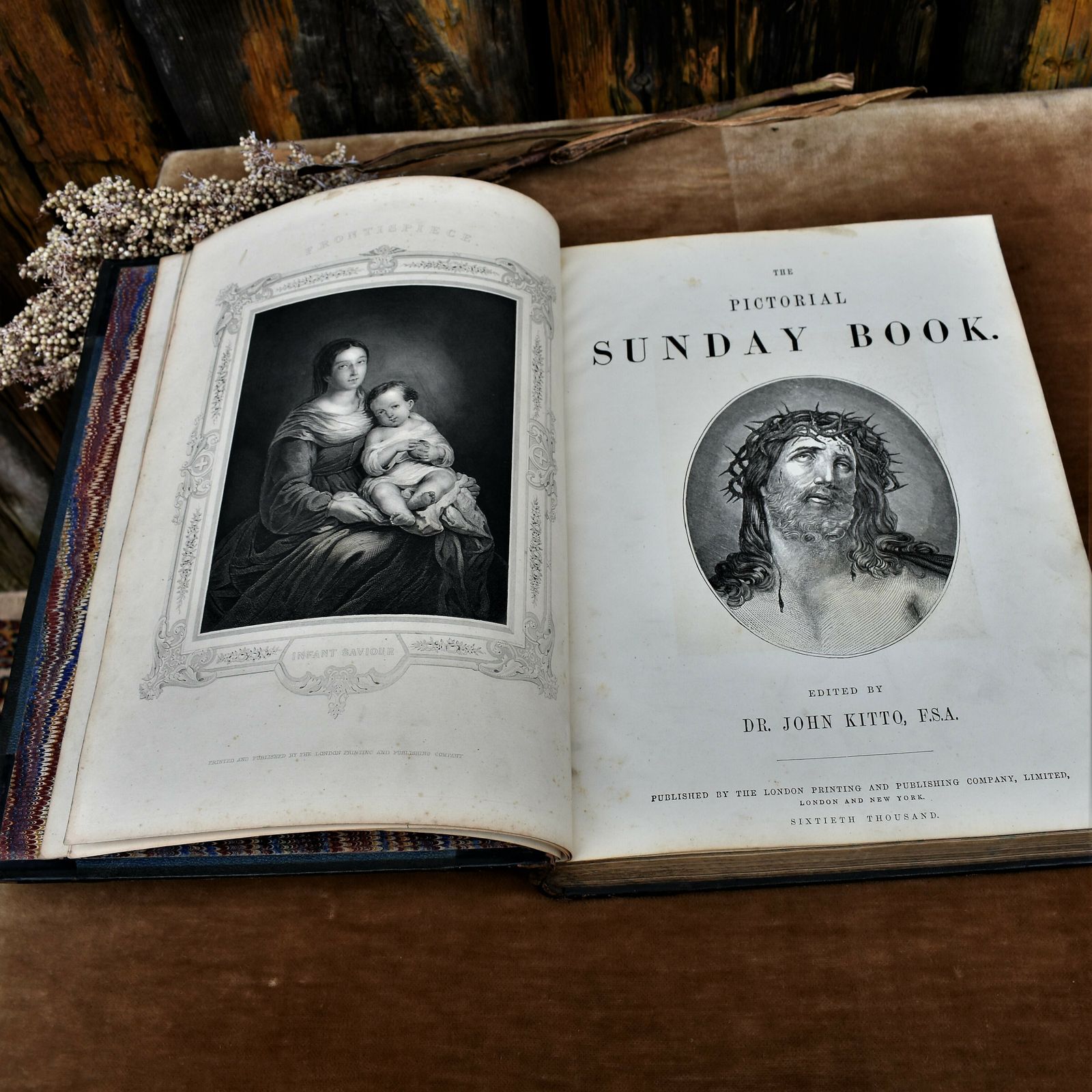 Antique 1873 Pictorial Sunday John Kitta Illustrated Prints Half Leather Book photo furniture