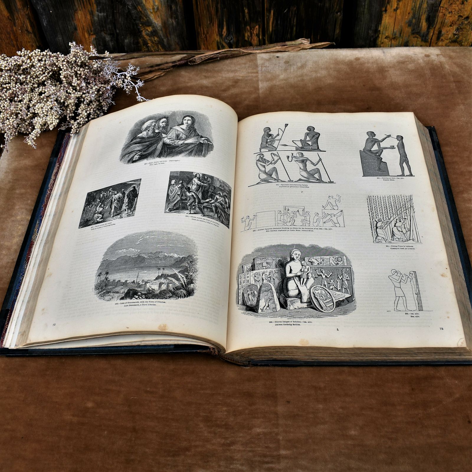 photo vinterior Antique 1873 Pictorial Sunday John Kitta Illustrated Prints Half Leather Book