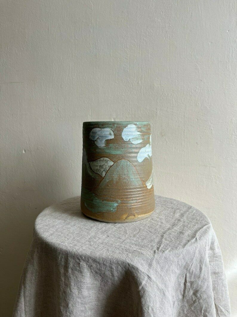 Studio Pottery Hand Painted Pot Caddy Or Vase With Mountain Hill Scene And Clouds Mid Century C. 1960 1970