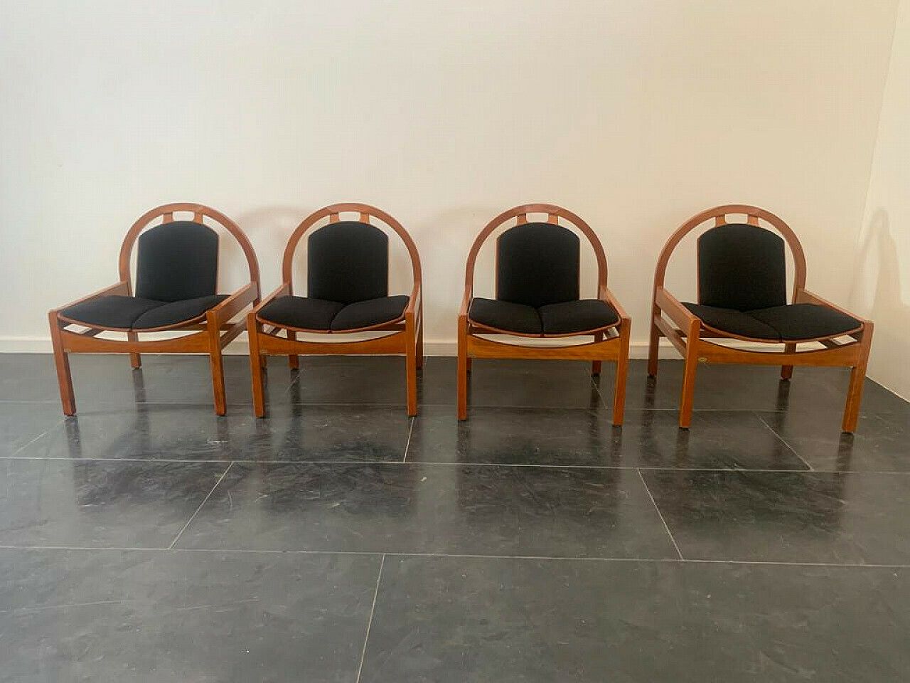4 Argos Armchairs In Beech And Black Fabric By Baumann, 1980s photo furniture
