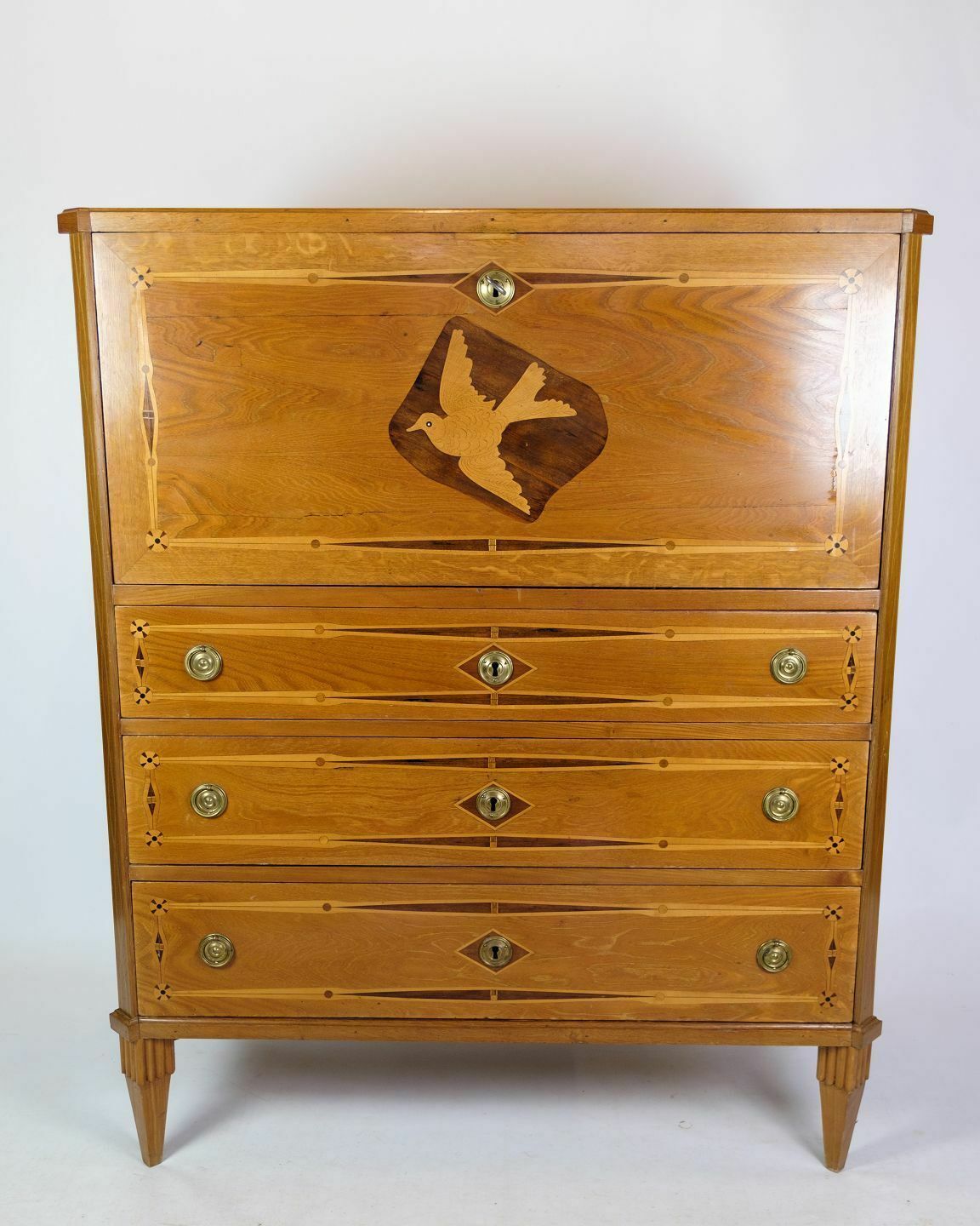 Secretary In Elm Wood With Intarsia Of Fruit Wood & Brass Handle From 1810s