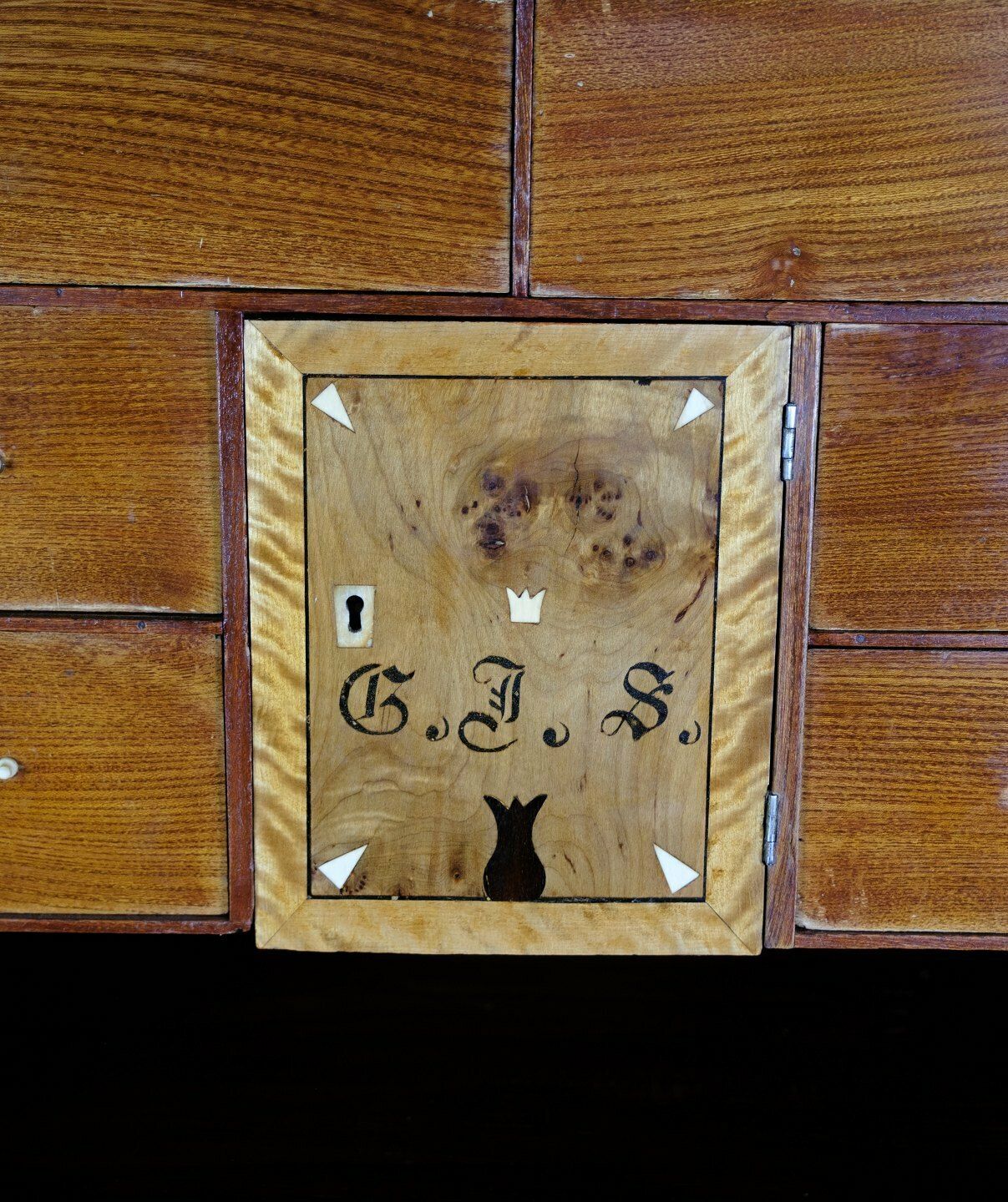 photo for sale Secretary In Elm Wood With Intarsia Of Fruit Wood & Brass Handle From 1810s