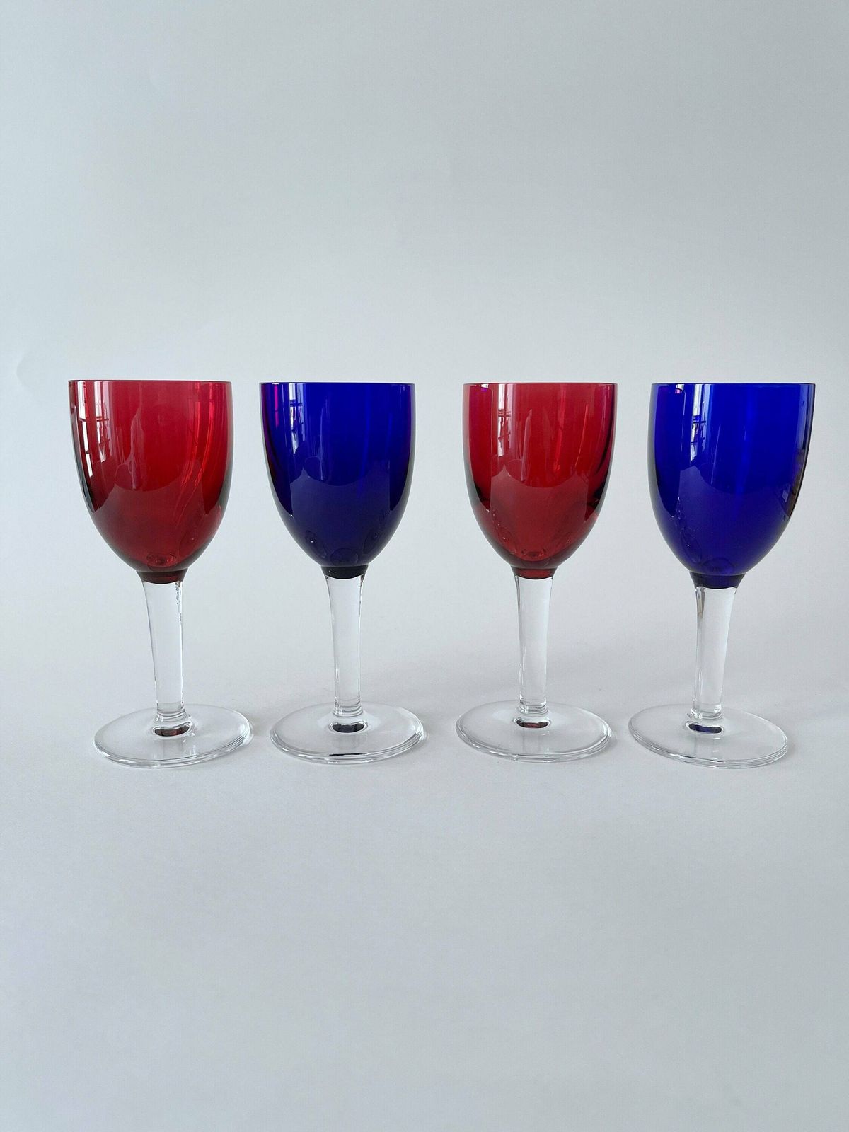 French Vintage Red And Blue Wine Glasses. Set Of 4 Coloured Glasses