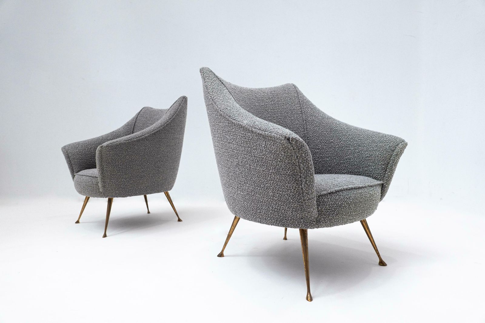 Pair Of Mid Century Grey New Upholstery And Brass Feets Armchairs, Italy, 1950s photo for sale