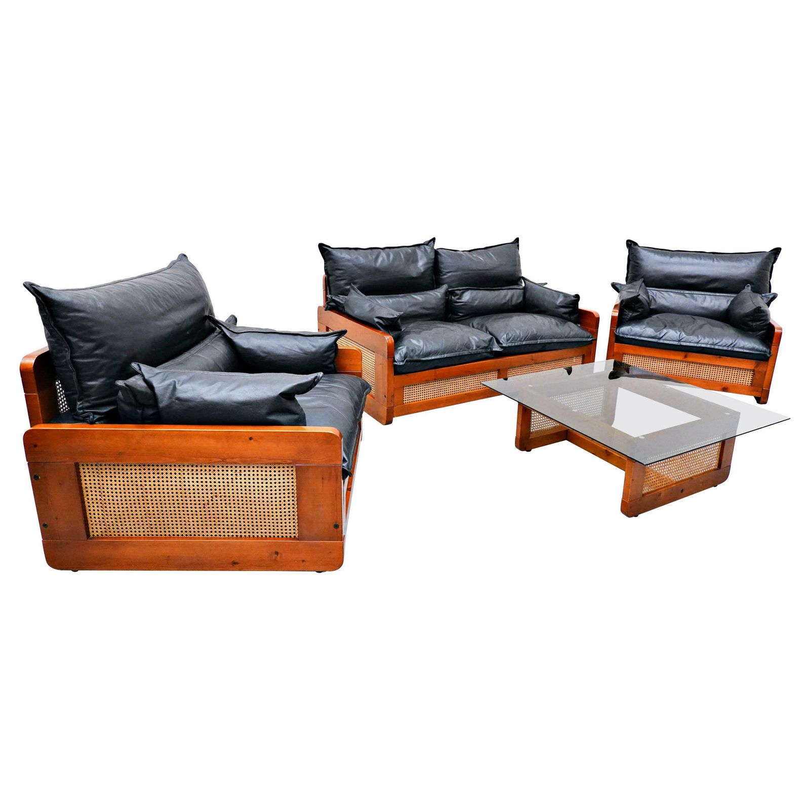 Italian Mid Century Modern Black Leather Lounge Set, 1970s
