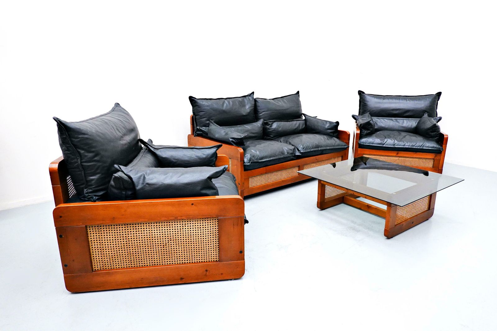 Italian Mid Century Modern Black Leather Lounge Set, 1970s photo furniture