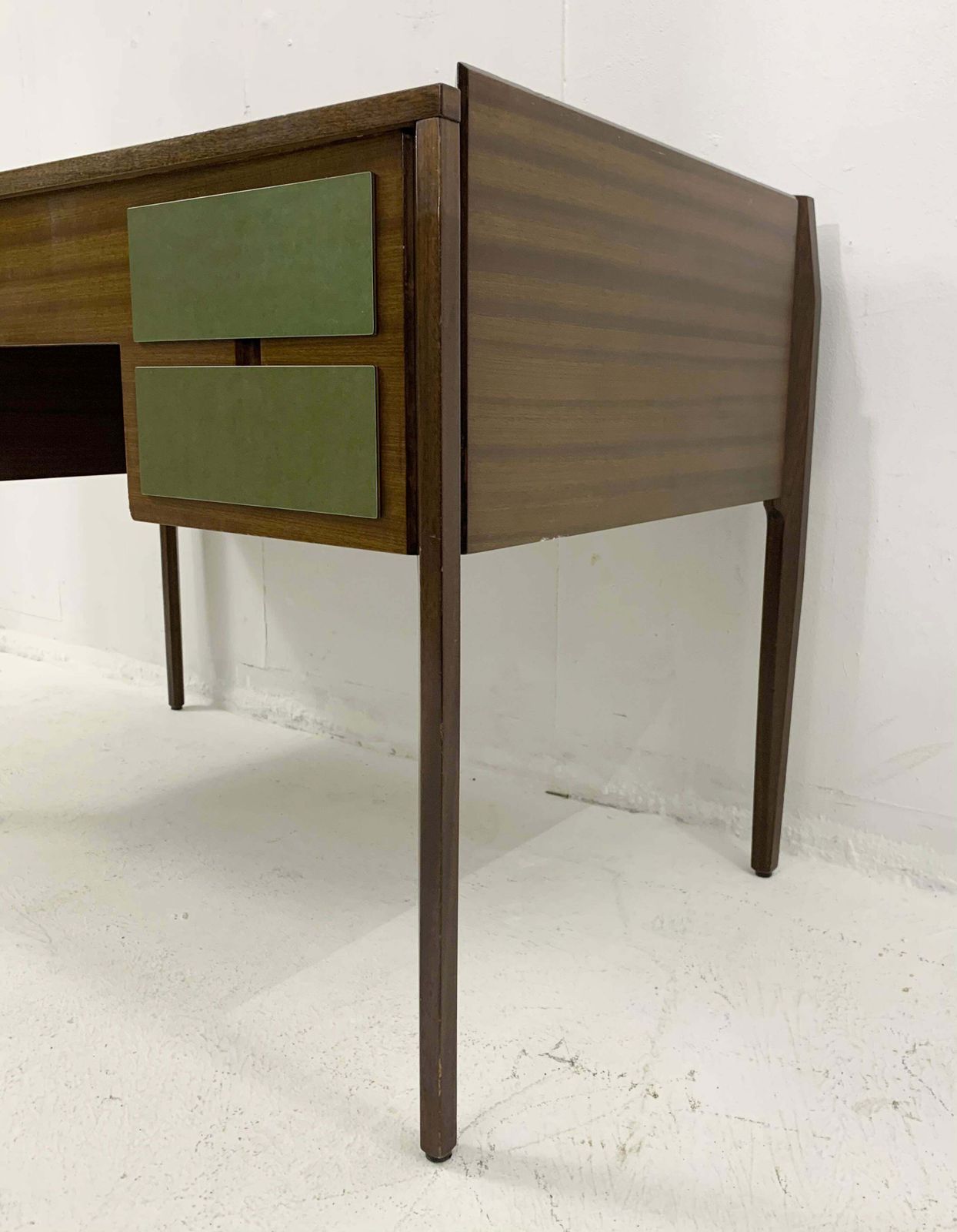 Mid Century Modern Wooden Italian Desk With 4 Green Drawers photo for sale