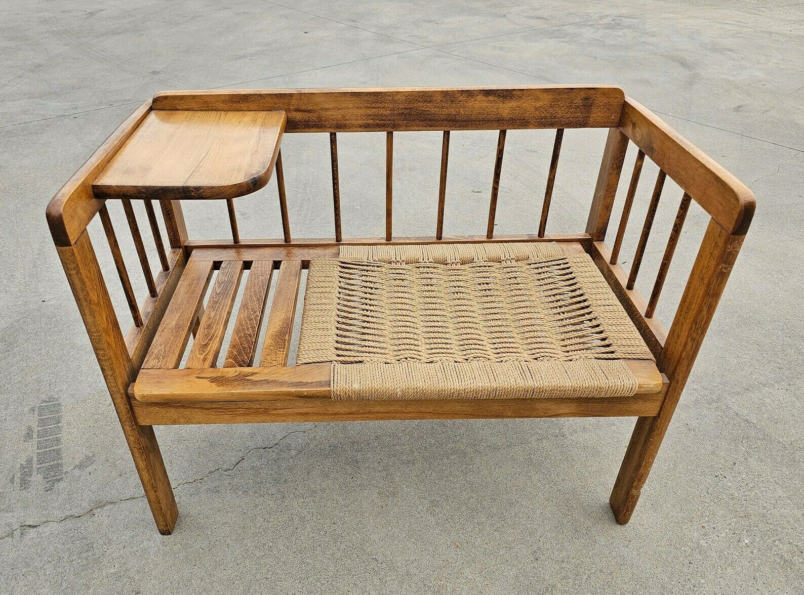 Mid Century Modern Telephone Bench With Danish Paper Cord Seat In Style Of Hans J. Wegner // Gossip Bench // Made In Yugoslavia In 1960s