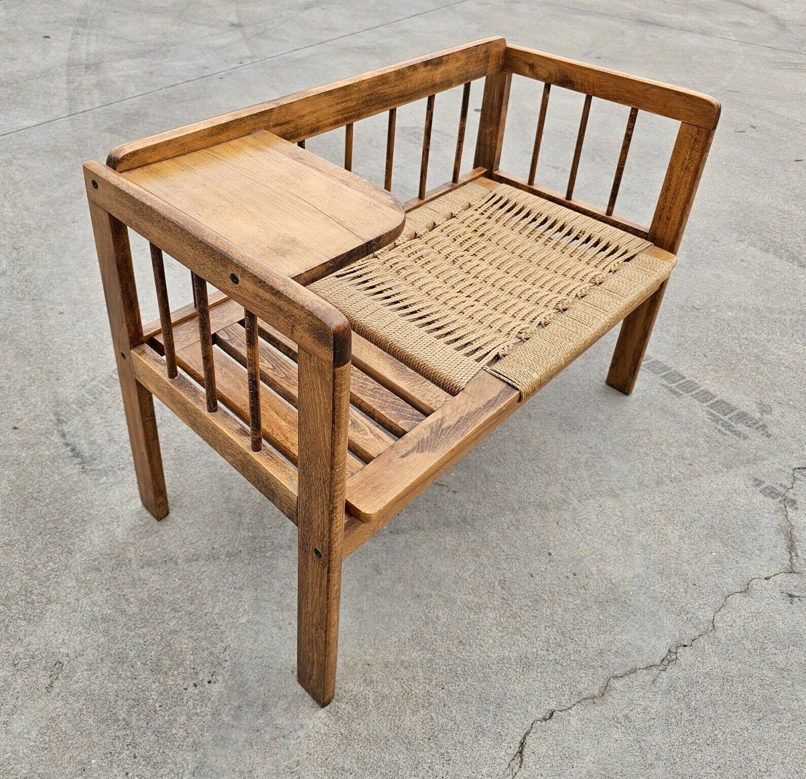 Mid Century Modern Telephone Bench With Danish Paper Cord Seat In Style Of Hans J. Wegner // Gossip Bench // Made In Yugoslavia In 1960s photo furniture