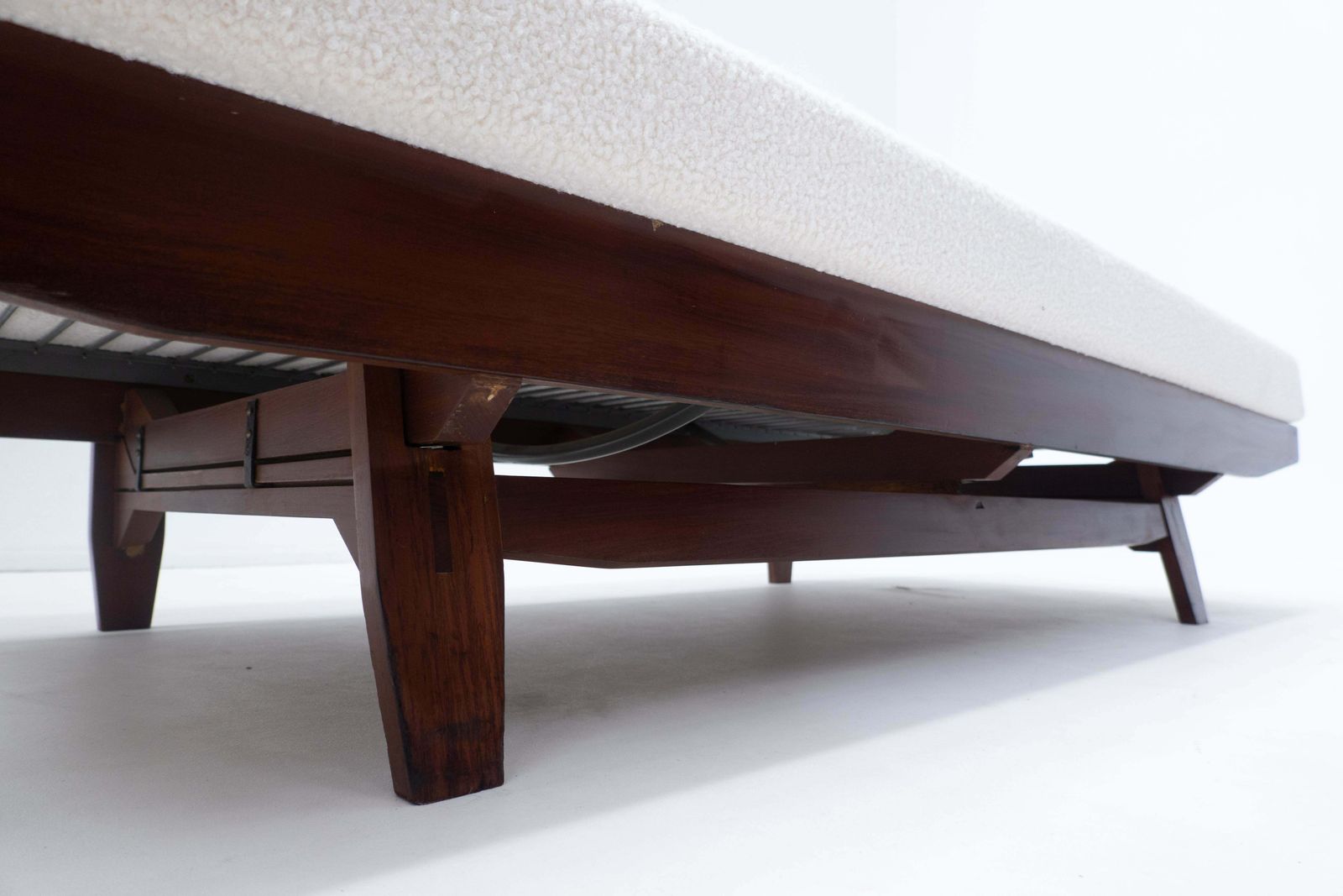 Mid Century Modern Italian Sofa, White Boucle And Wood, 1960s photo Furniture