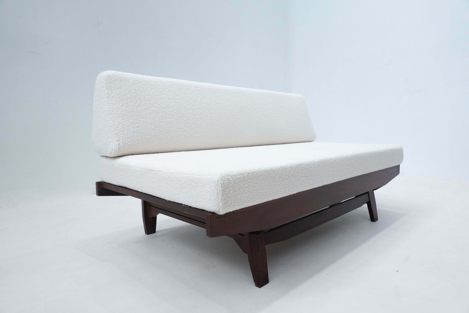 photo furniture Mid Century Modern Italian Sofa, White Boucle And Wood, 1960s